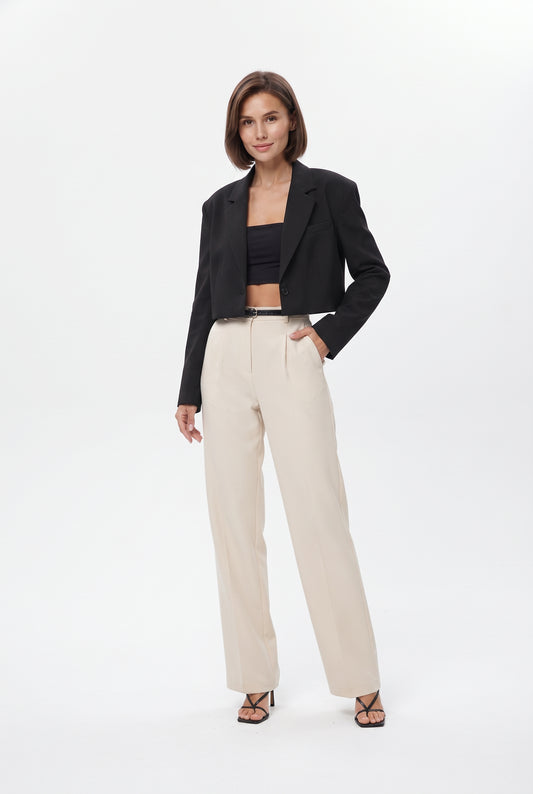 Ekru Pilili Wide Leg/Geniş Paça Dokuma Pantolon