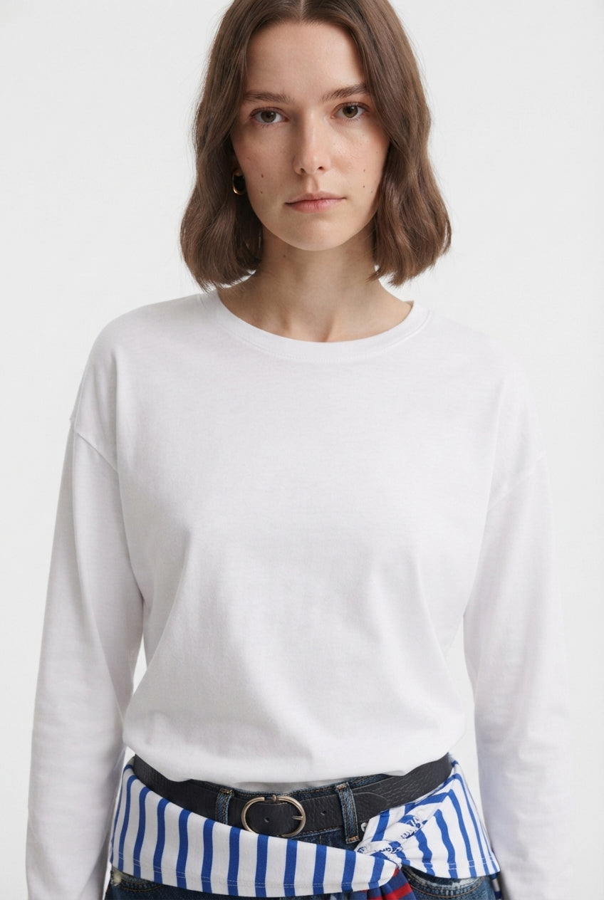Beyaz %100 Kalın Pamuklu Basic Bisiklet Yaka Oversize/Geniş Kalıp Örme T-Shirt