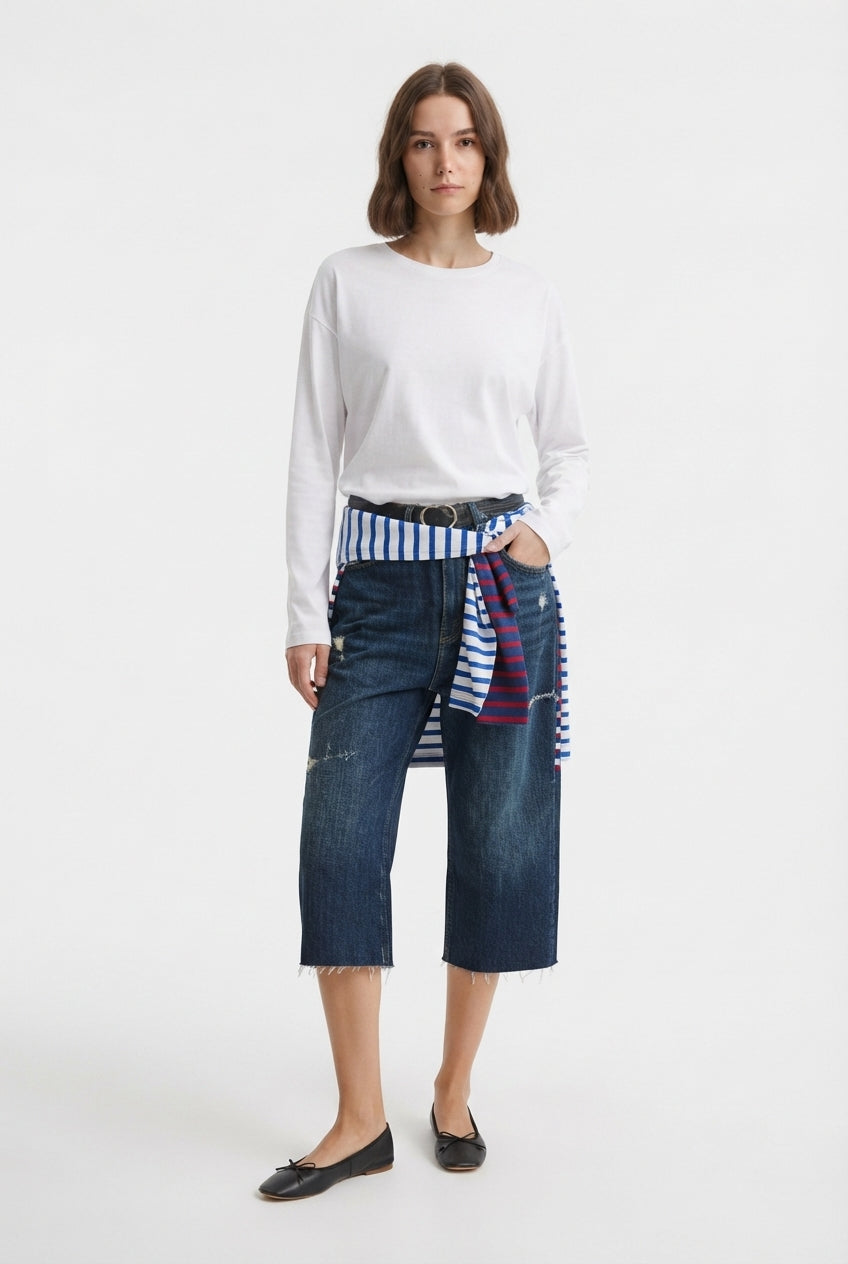 Beyaz %100 Kalın Pamuklu Basic Bisiklet Yaka Oversize/Geniş Kalıp Örme T-Shirt