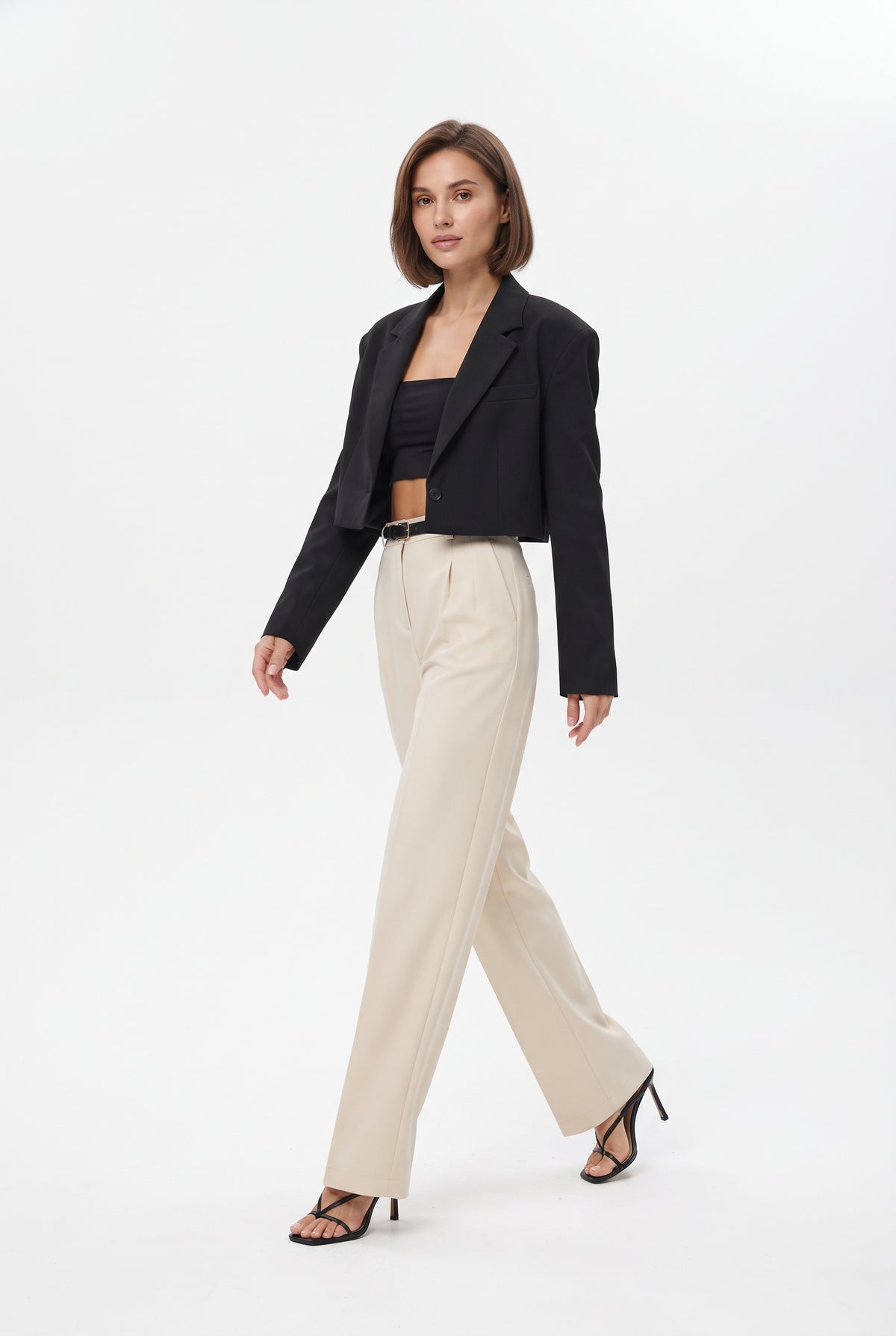 Ekru Pilili Wide Leg/Geniş Paça Dokuma Pantolon