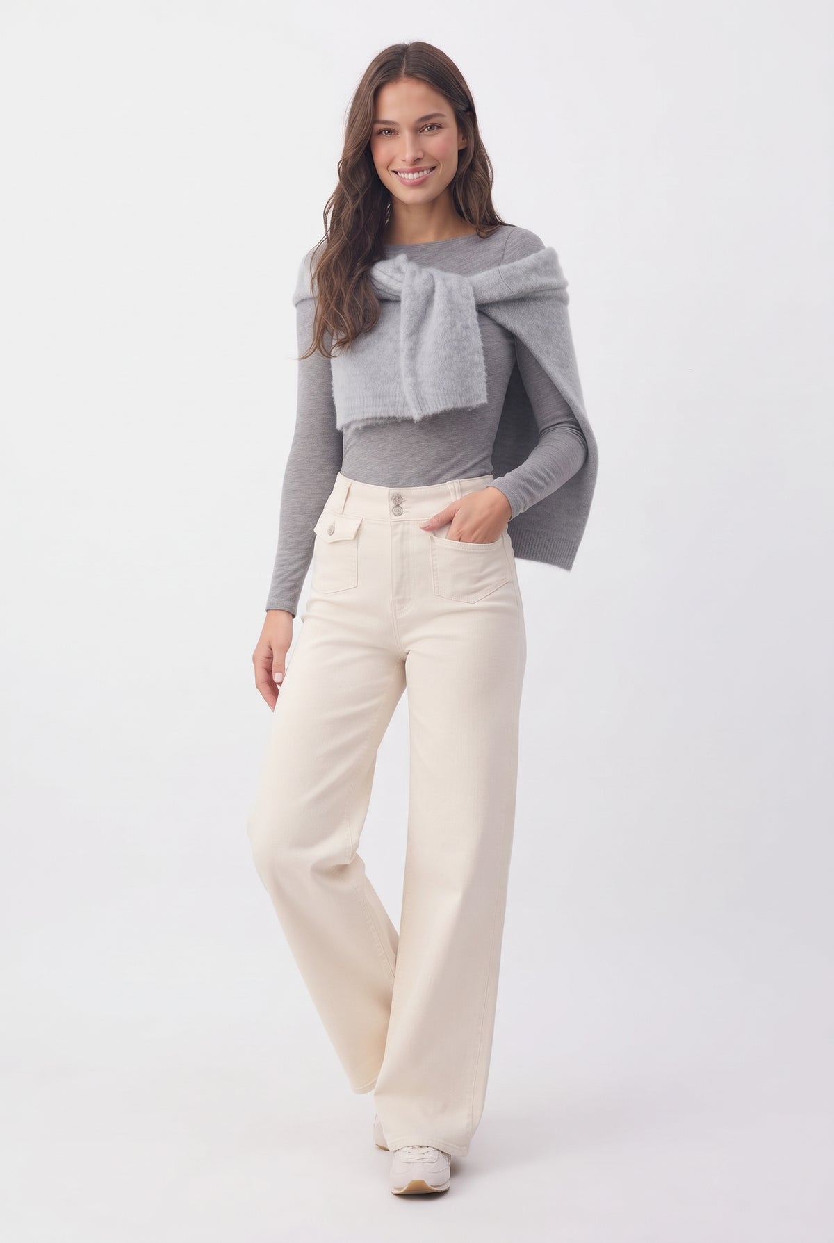 Ekru Yüksek Bel Cep Detaylı Comfort Esnek Wide Leg Palazzo Jeans