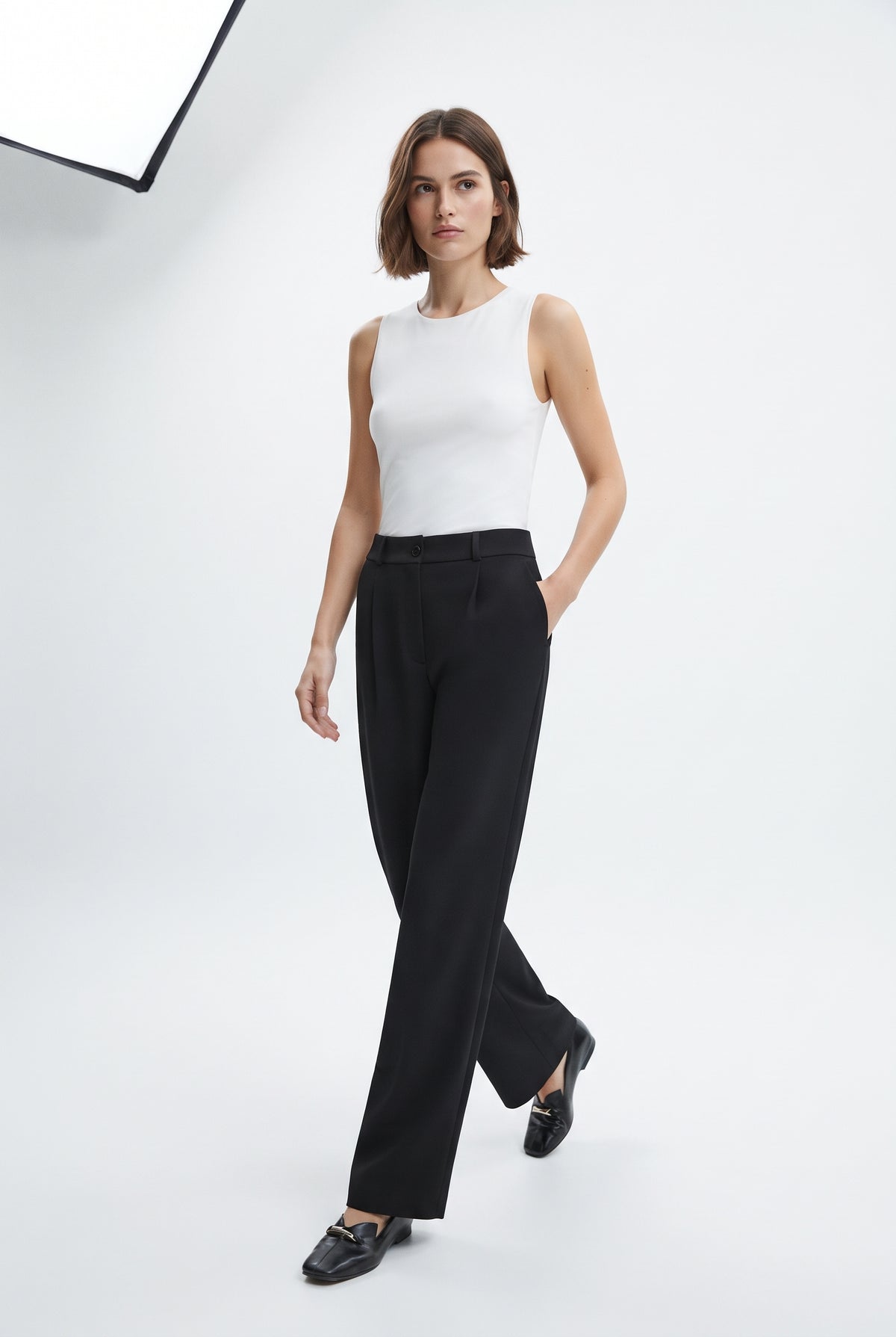 Siyah Yüksek Bel Wide Leg/Geniş Paça Pileli Dokuma Kumaş Pantolon