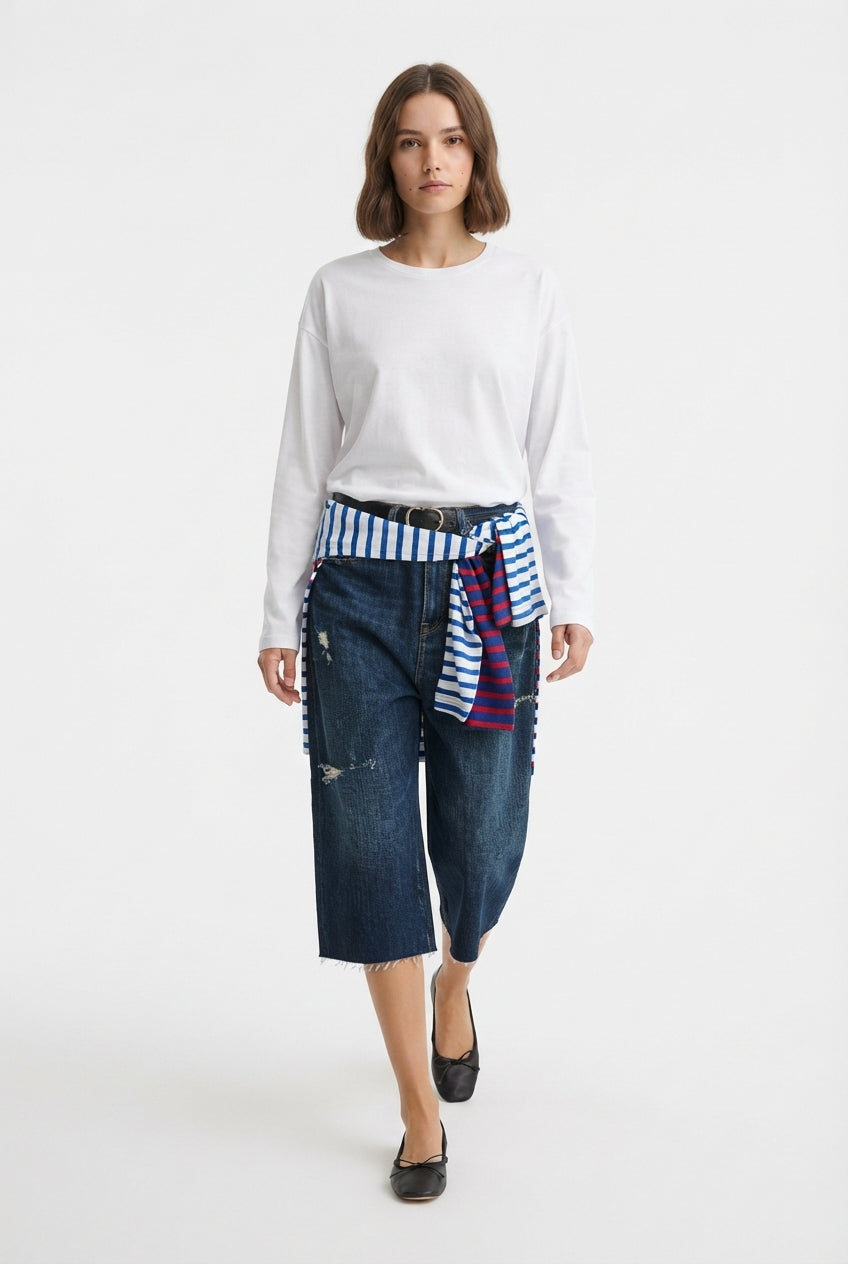 Beyaz %100 Kalın Pamuklu Basic Bisiklet Yaka Oversize/Geniş Kalıp Örme T-Shirt