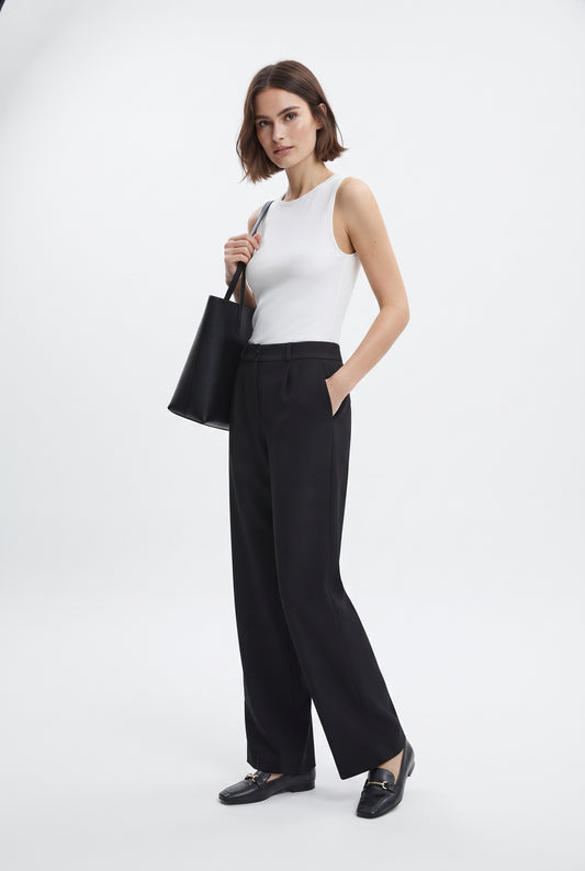 Siyah Yüksek Bel Wide Leg/Geniş Paça Pileli Dokuma Kumaş Pantolon