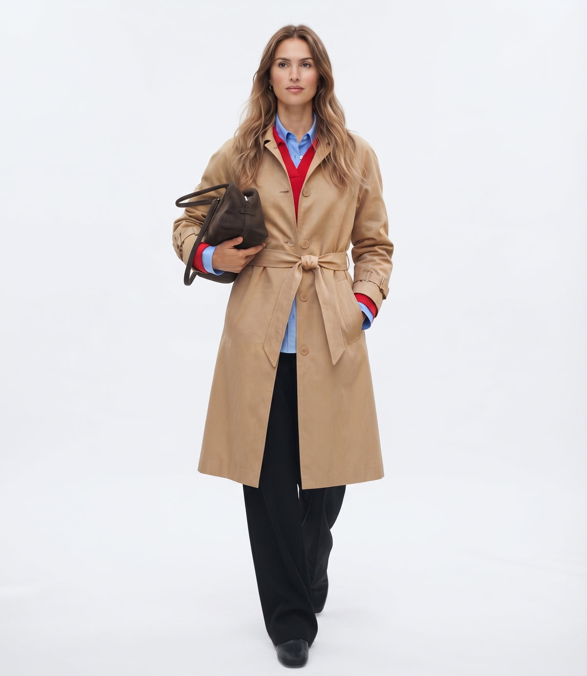 Camel Bağlamalı Yaka Detaylı Oversize Uzun Trençkot