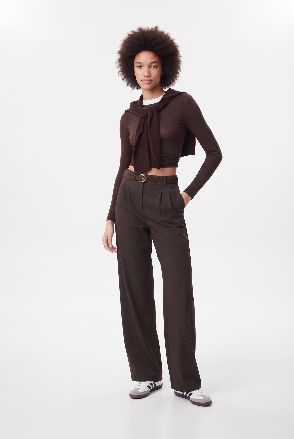 Koyu Kahverengi Wide Leg/Geniş Paça Palazzo Pilili Dokuma Kumaş Pantolon