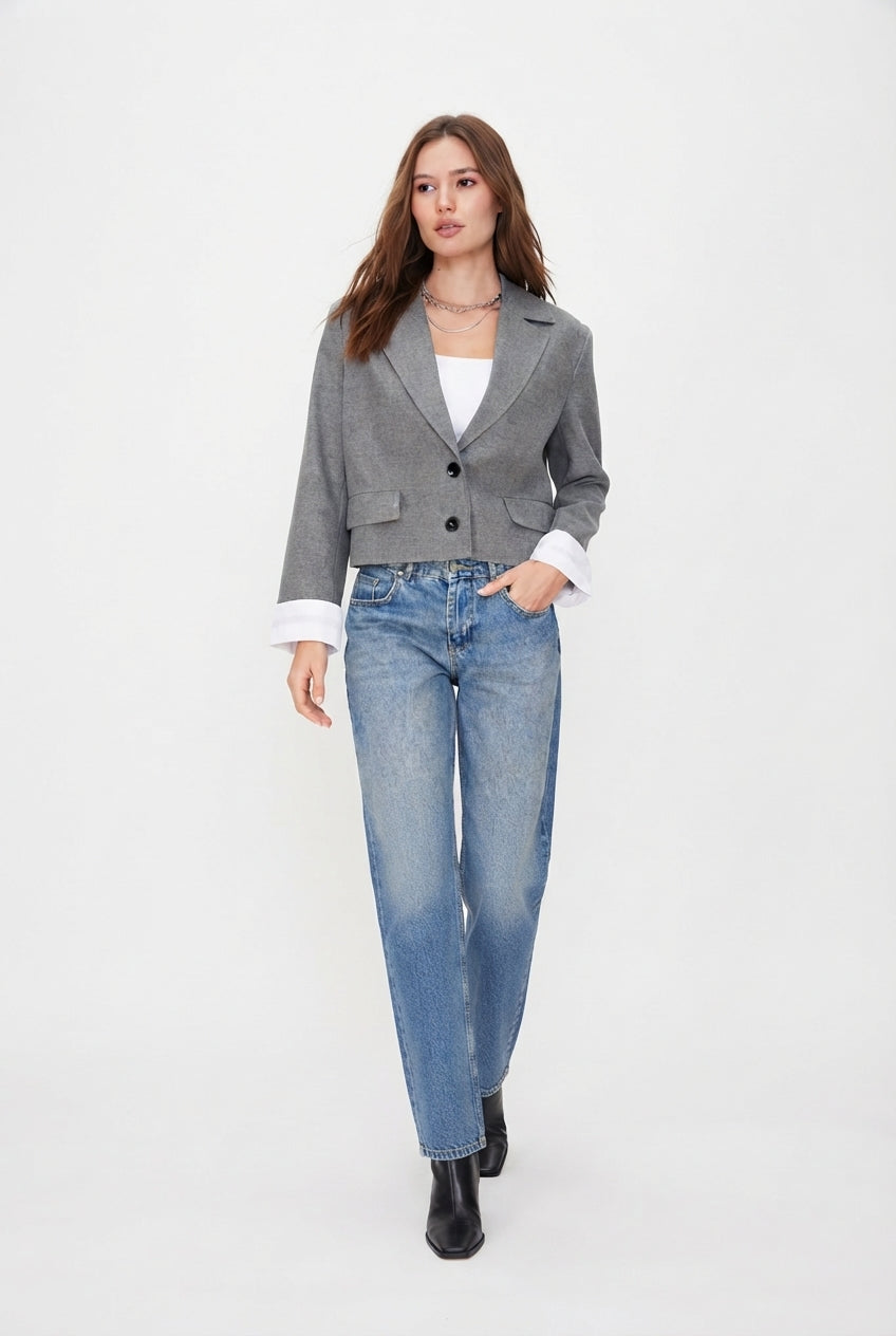 Antrasit Kolu Manşet Detaylı Dokuma Blazer Ceket