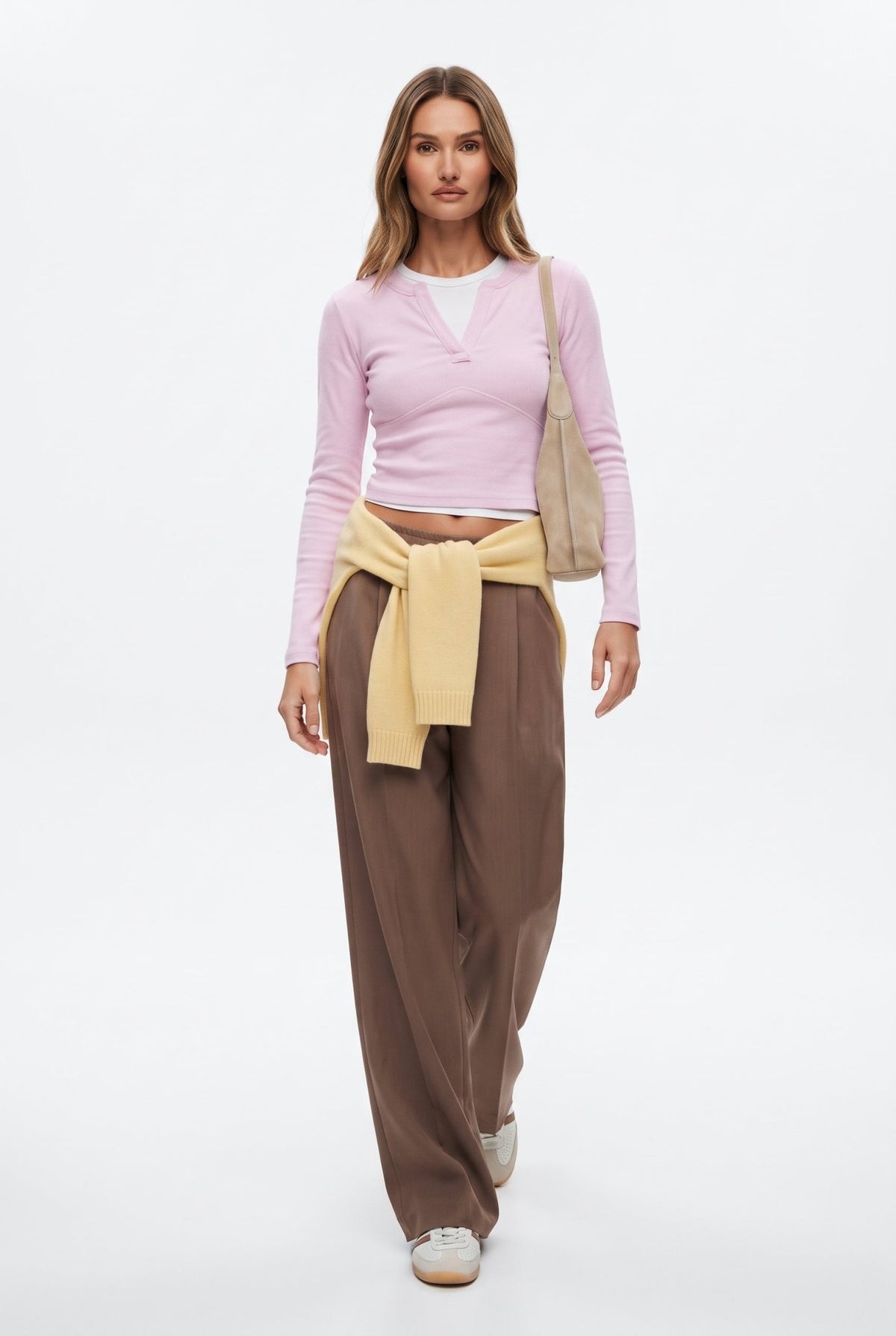 Açık Pembe Düz Fitted Kaçık Yaka Crop/Kısa Kaşkorse Örme Bluz - LUMINOIRE
