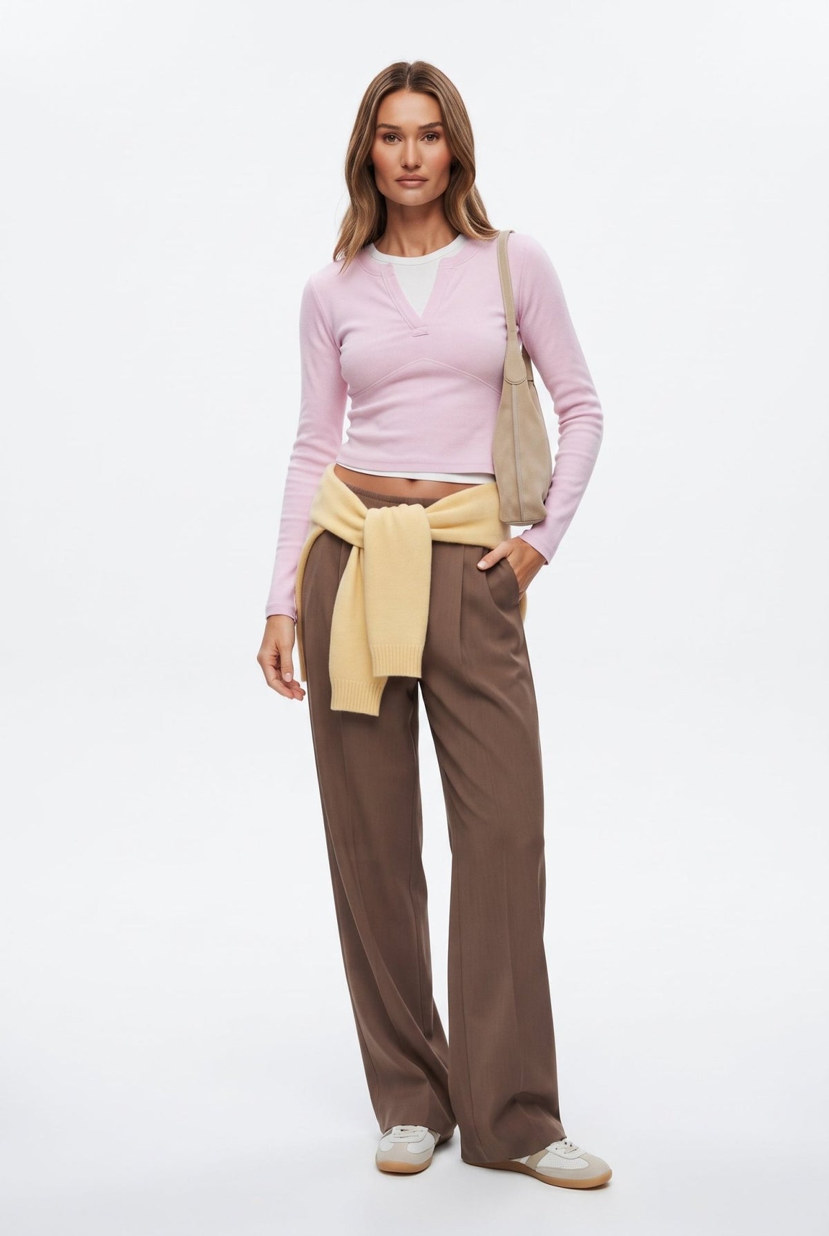 Açık Pembe Düz Fitted Kaçık Yaka Crop/Kısa Kaşkorse Örme Bluz - LUMINOIRE
