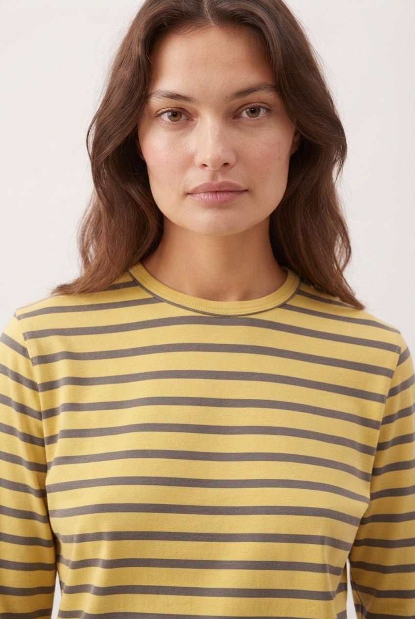 Açık Sarı-Antrasit Çizgili Regular/Normal Kalıp Basic Bisiklet Yaka Örme T-Shirt - LUMINOIRE