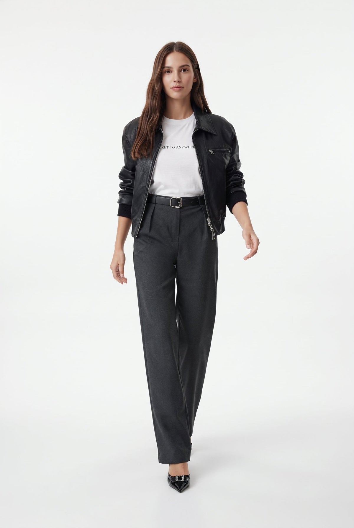 Antrasit Kemerli Straigt/Düz Kesim Dokuma Kumaş Pantolon - LUMINOIRE