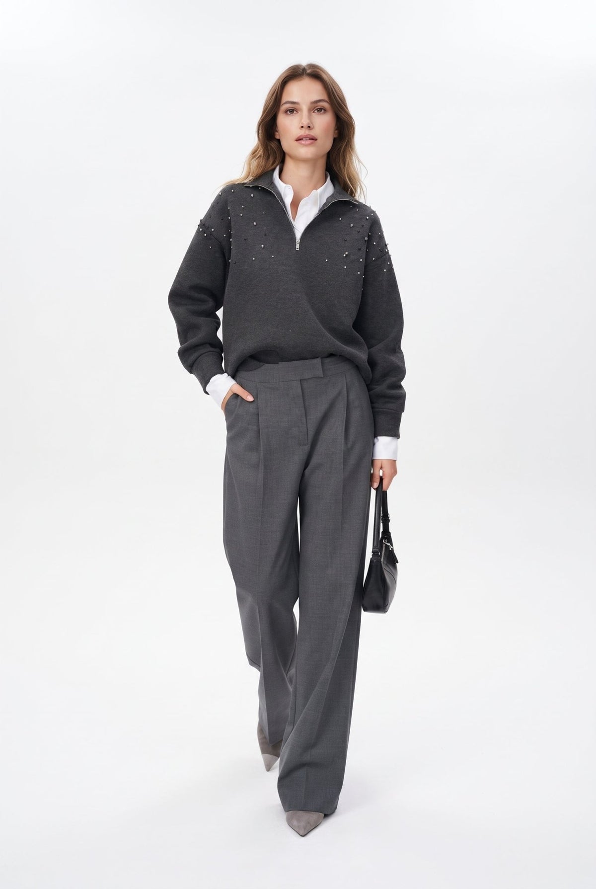 Antrasit Oversize/Geniş Kalıp Fermuarlı Taş İşleme Detaylı Kalın Örme Sweatshirt - LUMINOIRE