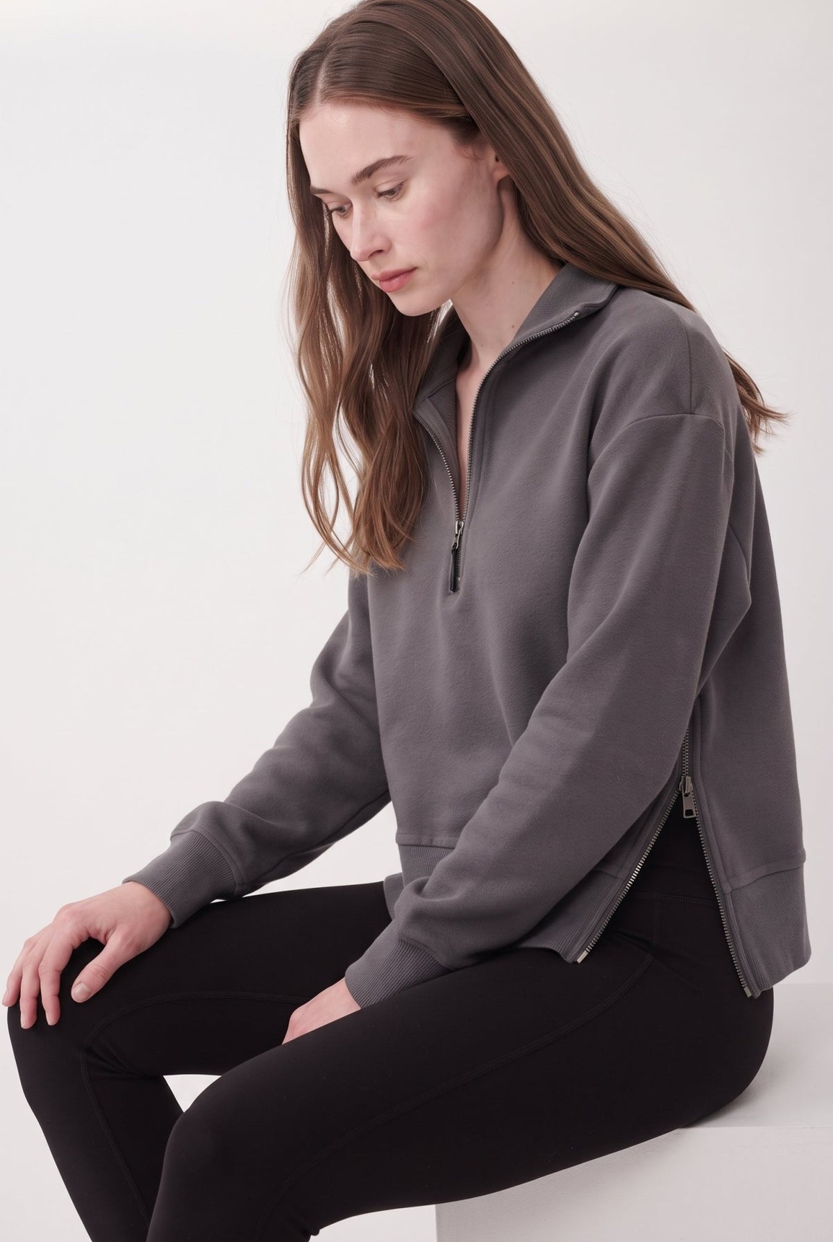 Antrasit Regular/Normal Kalıp Fermuar Detaylı Dik Yaka Polar Kalın Örme Sweatshirt - LUMINOIRE
