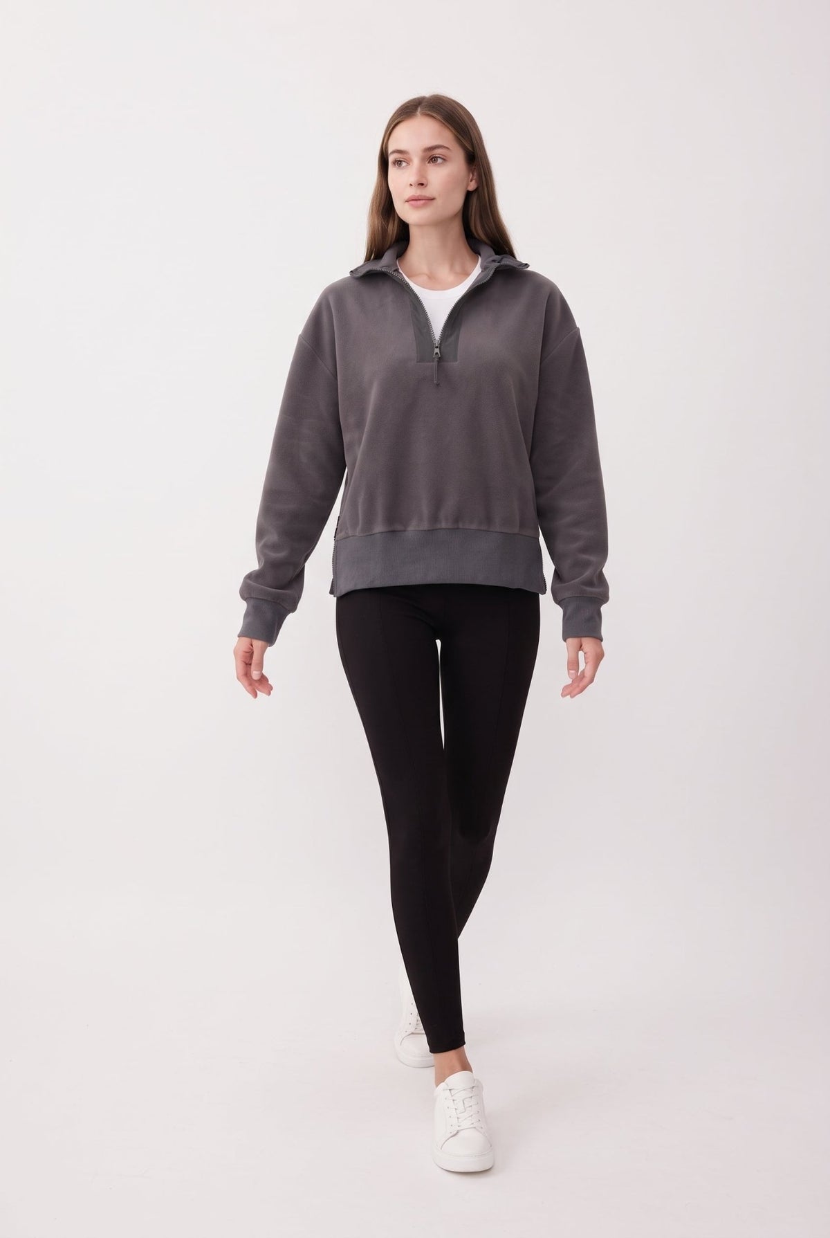 Antrasit Regular/Normal Kalıp Fermuar Detaylı Dik Yaka Polar Kalın Örme Sweatshirt - LUMINOIRE