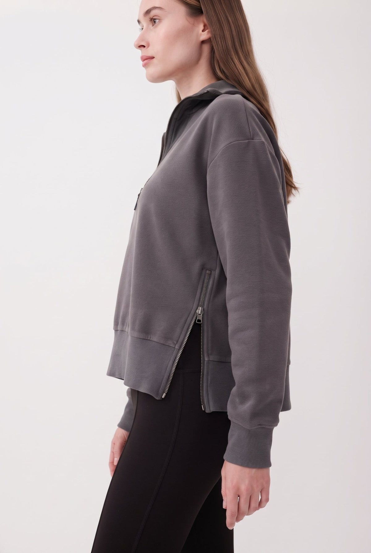 Antrasit Regular/Normal Kalıp Fermuar Detaylı Dik Yaka Polar Kalın Örme Sweatshirt - LUMINOIRE
