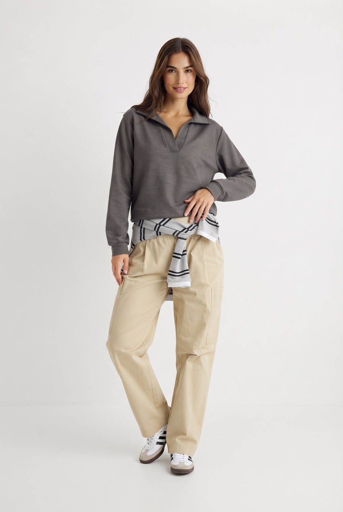 Antrasit Soft/Yumuşak Dokunuşlu Polo Yaka Örme Sweatshirt - LUMINOIRE