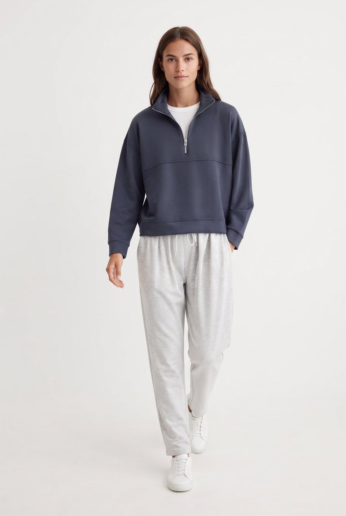 Antrasit Soft/Yumuşak Dokunuşlu Regular Kalıp Dikiş Detaylı Dik Yaka Örme Sweatshirt - LUMINOIRE