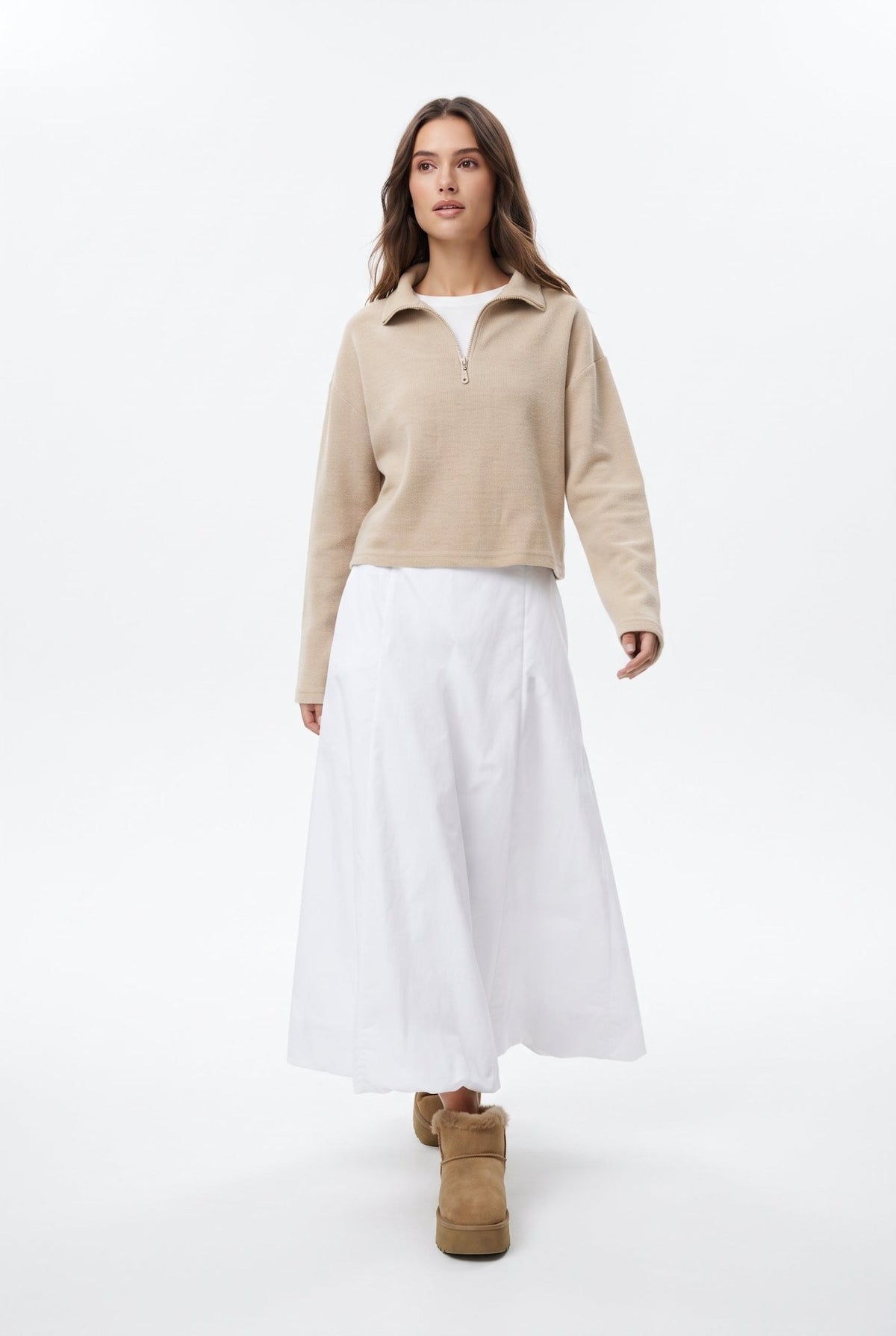 Bej Selanik/Triko Görünümlü Fermuarlı Yaka Regular/Normal Kalıp Örme Sweatshirt - LUMINOIRE