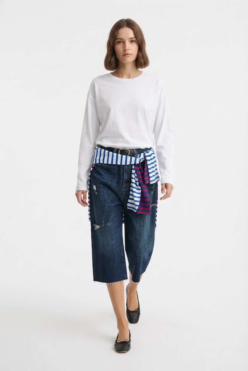 Beyaz %100 Kalın Pamuklu Basic Bisiklet Yaka Oversize/Geniş Kalıp Örme T-Shirt - LUMINOIRE