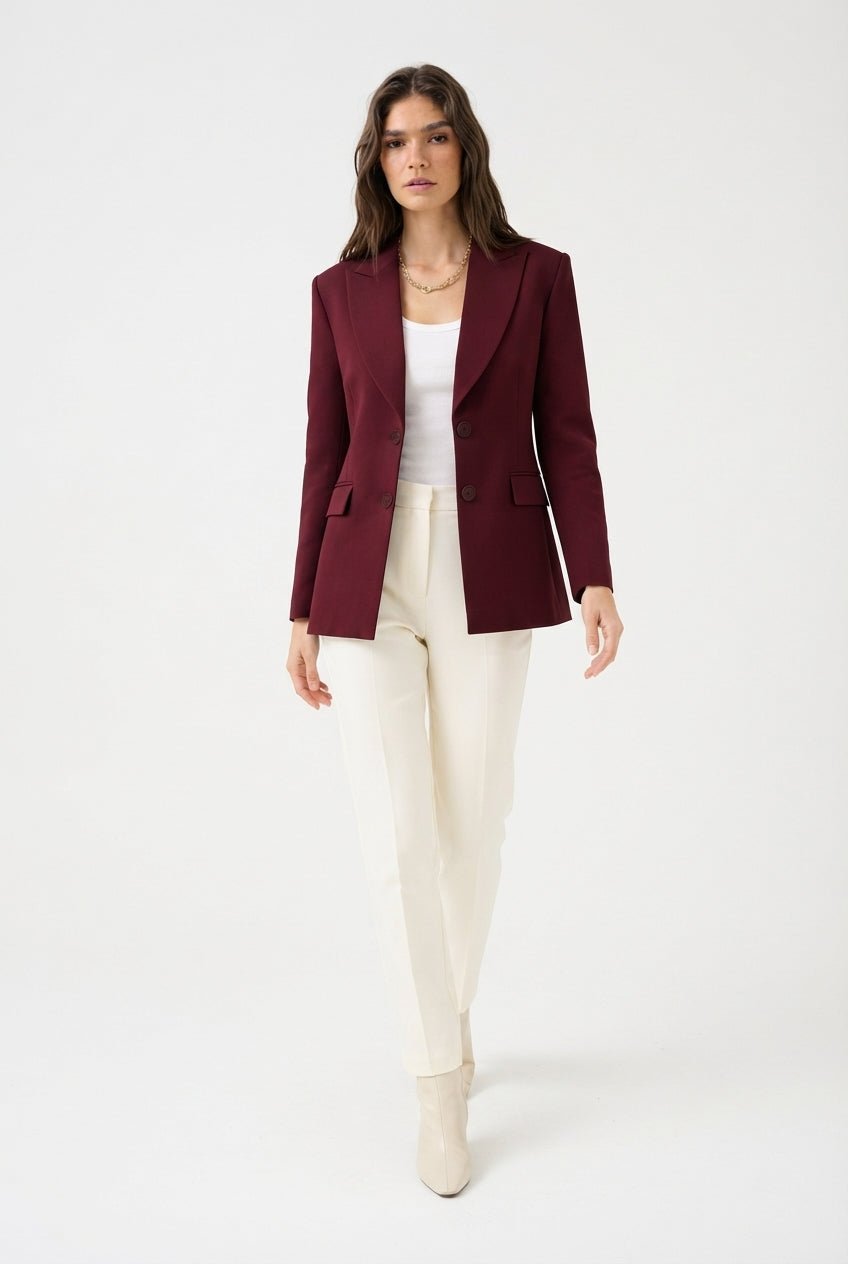 Bordo Fitted/Bele Oturan Dokuma Blazer Ceket