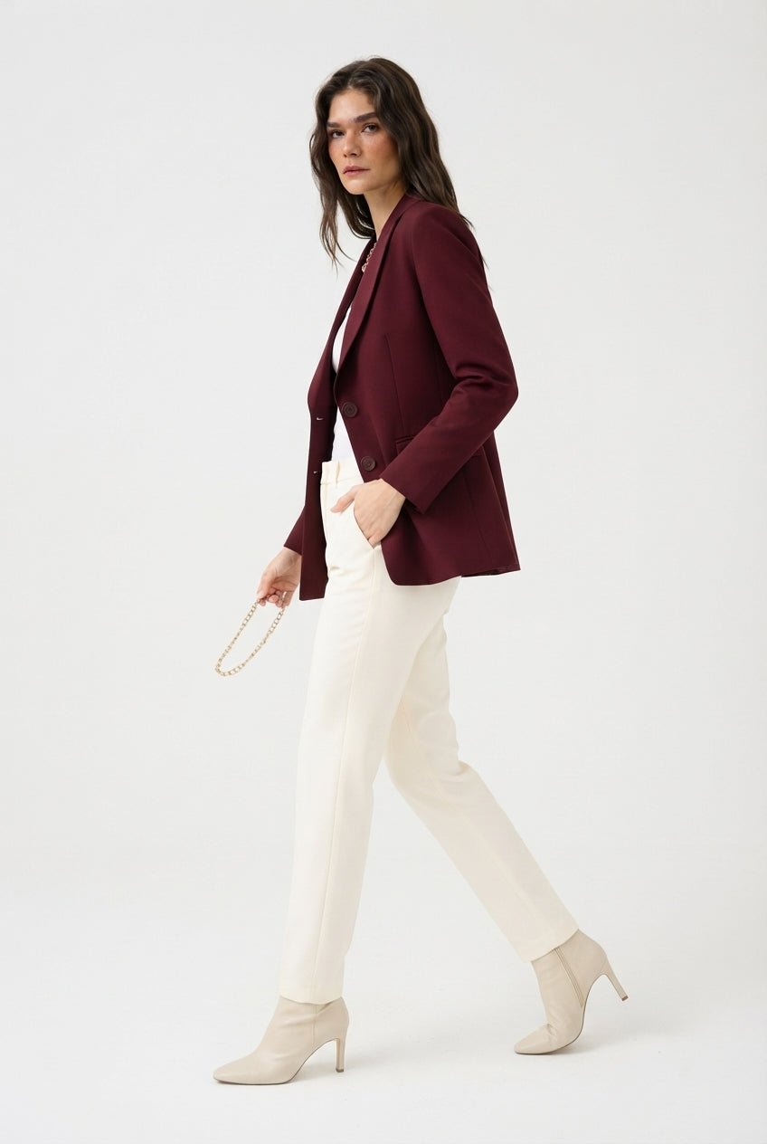 Bordo Fitted/Bele Oturan Dokuma Blazer Ceket - LUMINOIRE