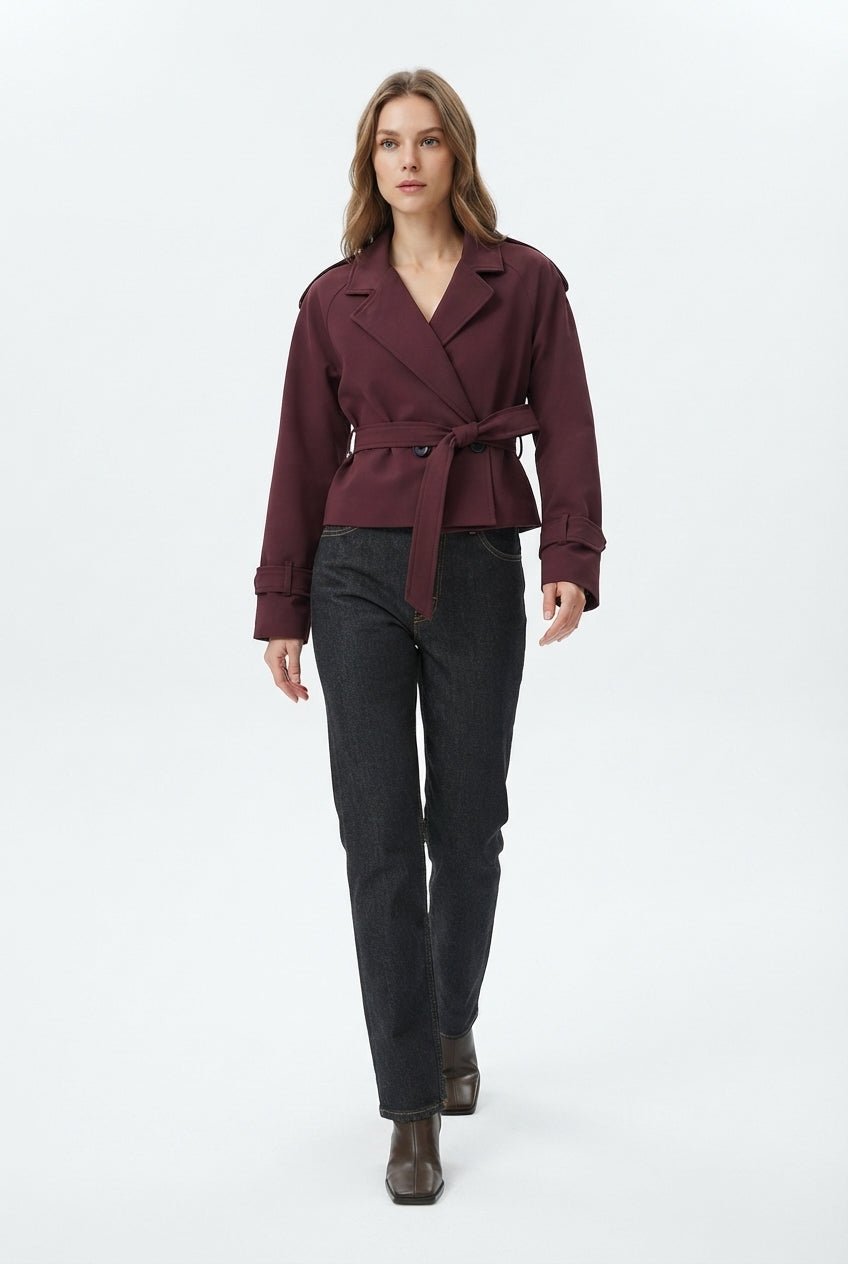Bordo Mürdüm Premium Dokuma Crop Blazer Ceket - LUMINOIRE