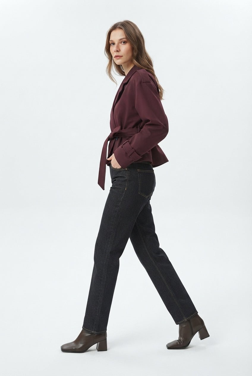 Bordo Mürdüm Premium Dokuma Crop Blazer Ceket - LUMINOIRE