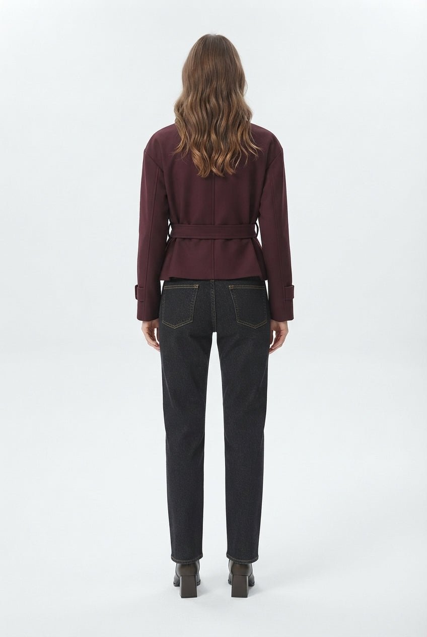 Bordo Mürdüm Premium Dokuma Crop Blazer Ceket - LUMINOIRE