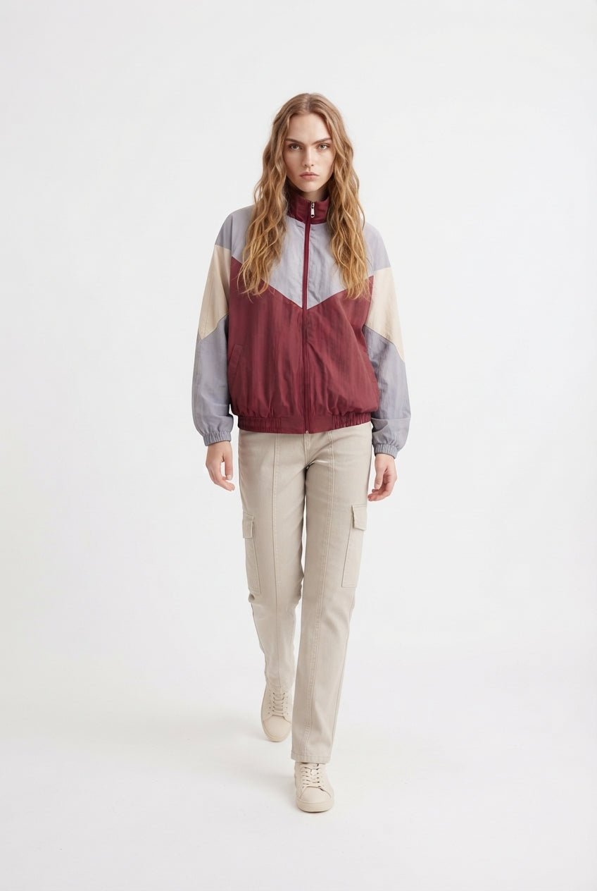 Bordo Oversize Kalıp Renk Bloklu Yazlık İnce Mont - LUMINOIRE