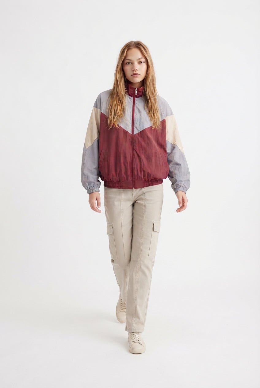 Bordo Oversize Kalıp Renk Bloklu Yazlık İnce Mont - LUMINOIRE