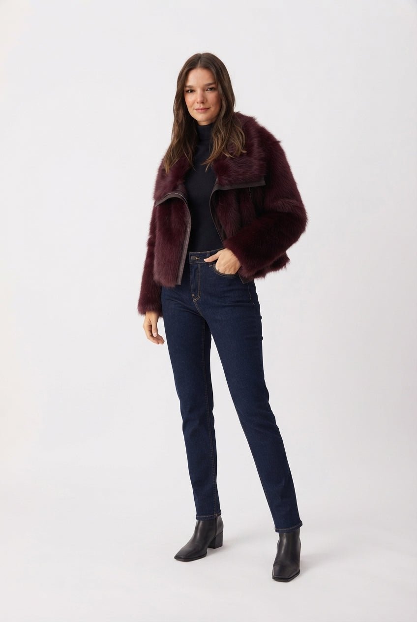 Bordo Regular Kalıp Kürk Biker Ceket Mont - LUMINOIRE