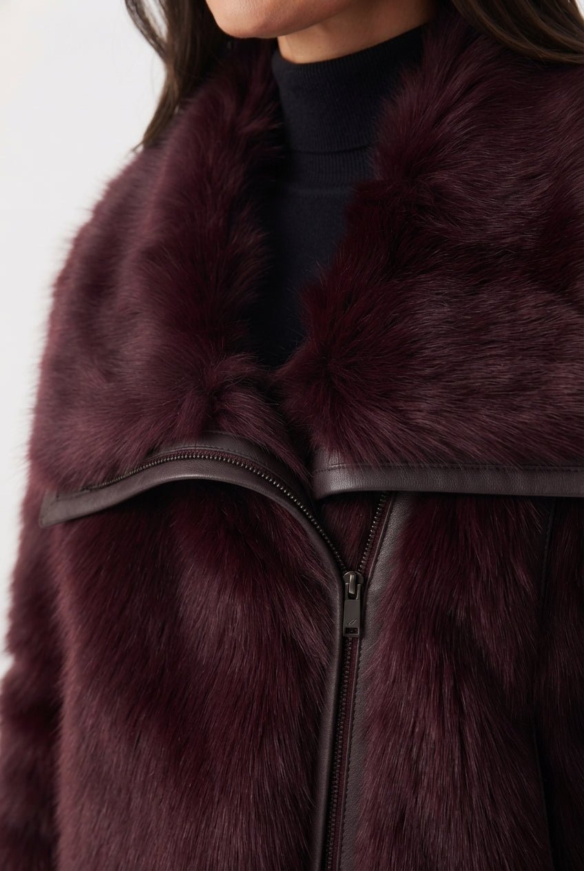 Bordo Regular Kalıp Kürk Biker Ceket Mont - LUMINOIRE
