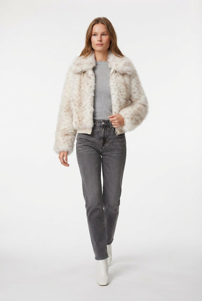 Çok Renkli Bambi Desenli Regular Kalıp Lastik Detaylı Bomber Kürk Mont - LUMINOIRE