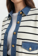 Çok Renkli Denim Yaka ve Cep Detaylı Gömlek Yaka Triko Hırka - LUMINOIRE