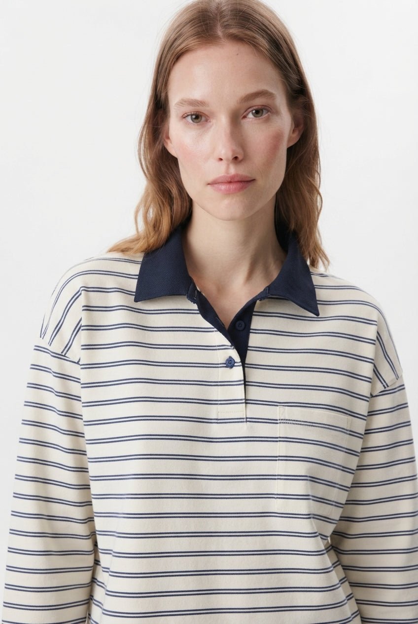 Ekru Çizgili Dokuma Yaka Detaylı Patlı Oversize Esnek Örme T-shirt/Sweatshirt - LUMINOIRE