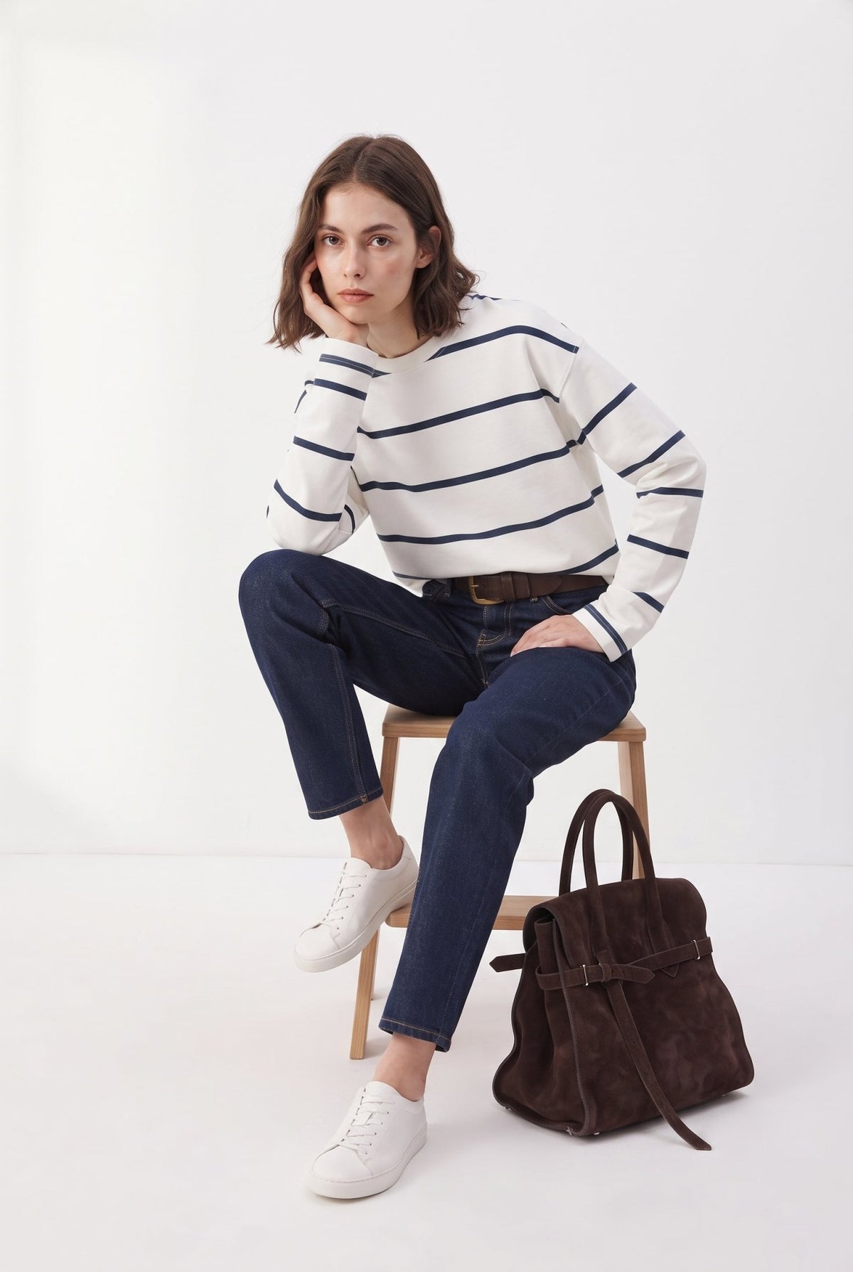 Ekru Çizgili Regular/Normal Kalıp Bisiklet Yaka Örme Sweatshirt - LUMINOIRE