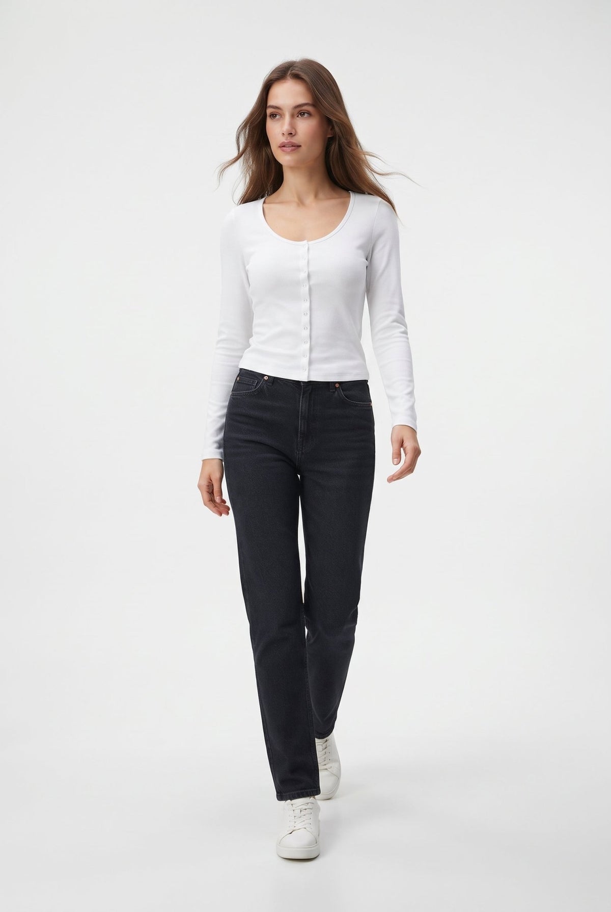 Ekru Düz Fitted Havuz Yaka Çıtçıtlı Crop Viskon Ribana Örme Bluz - LUMINOIRE