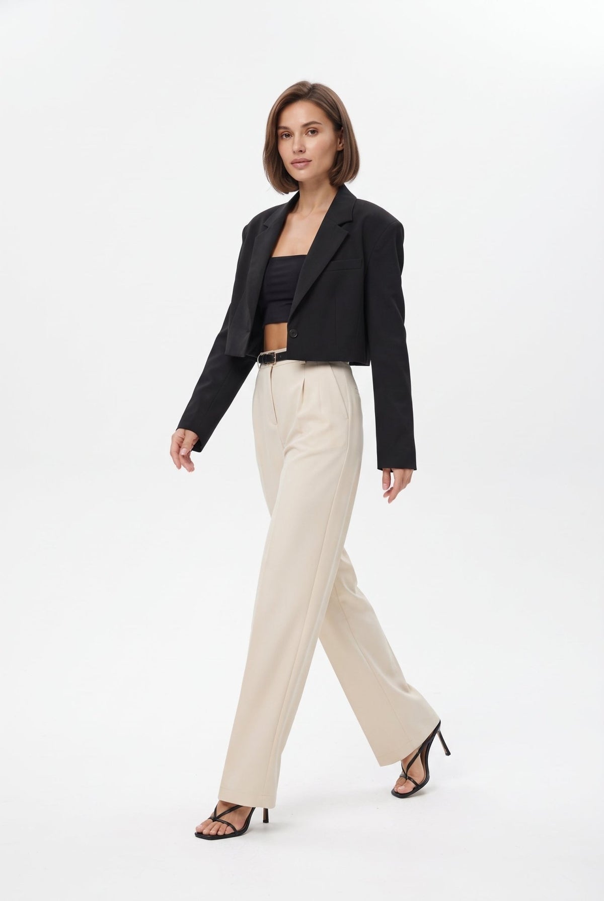 Ekru Pilili Wide Leg/Geniş Paça Dokuma Pantolon - LUMINOIRE