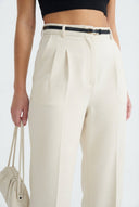 Ekru Pilili Wide Leg/Geniş Paça Dokuma Pantolon - LUMINOIRE