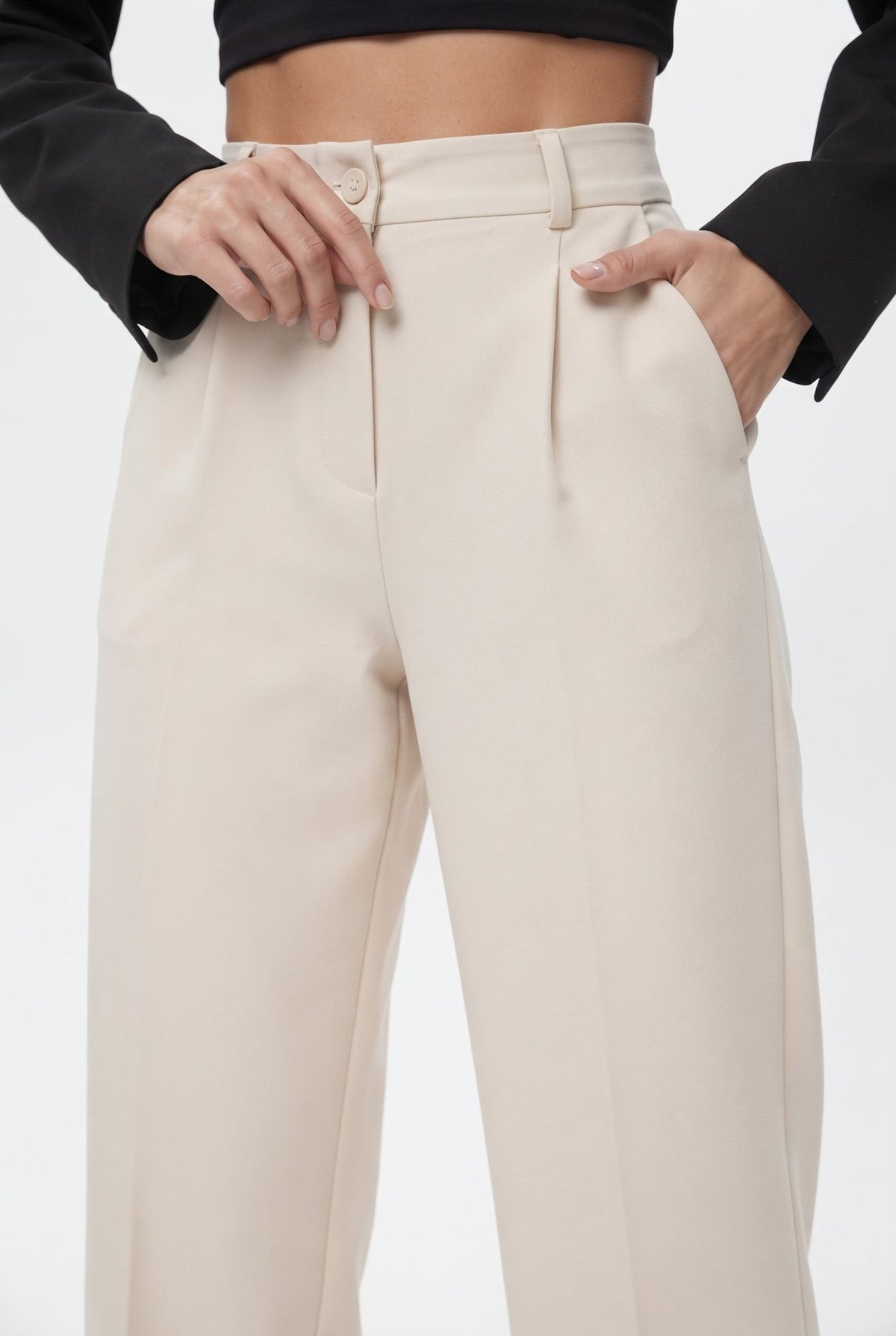 Ekru Pilili Wide Leg/Geniş Paça Dokuma Pantolon - LUMINOIRE