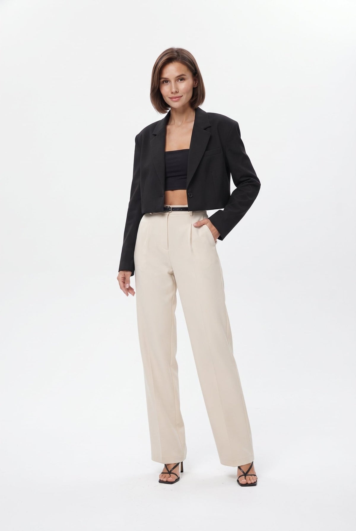 Ekru Pilili Wide Leg/Geniş Paça Dokuma Pantolon - LUMINOIRE