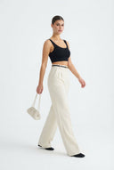Ekru Pilili Wide Leg/Geniş Paça Dokuma Pantolon - LUMINOIRE