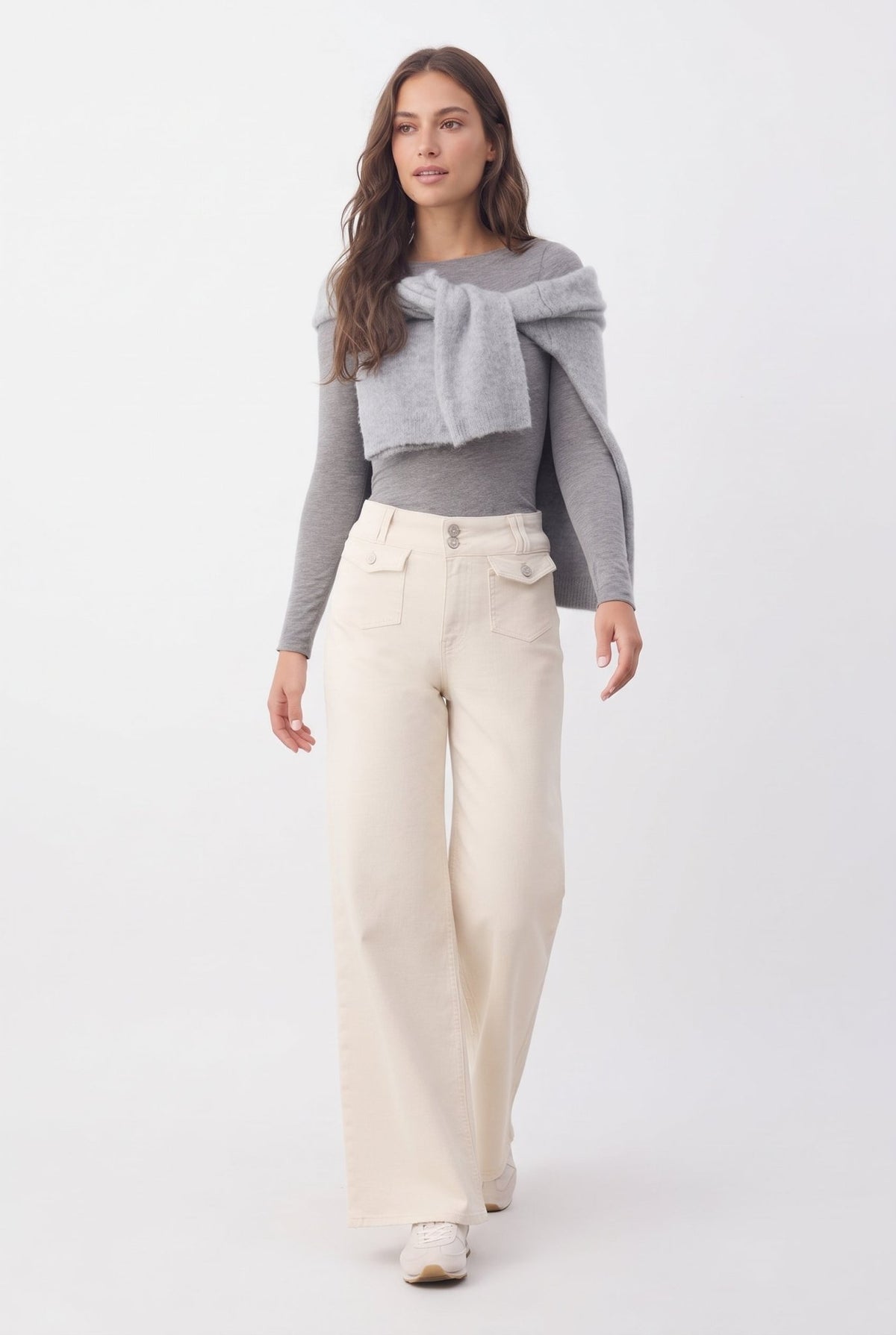Ekru Yüksek Bel Cep Detaylı Comfort Esnek Wide Leg Palazzo Jeans - LUMINOIRE