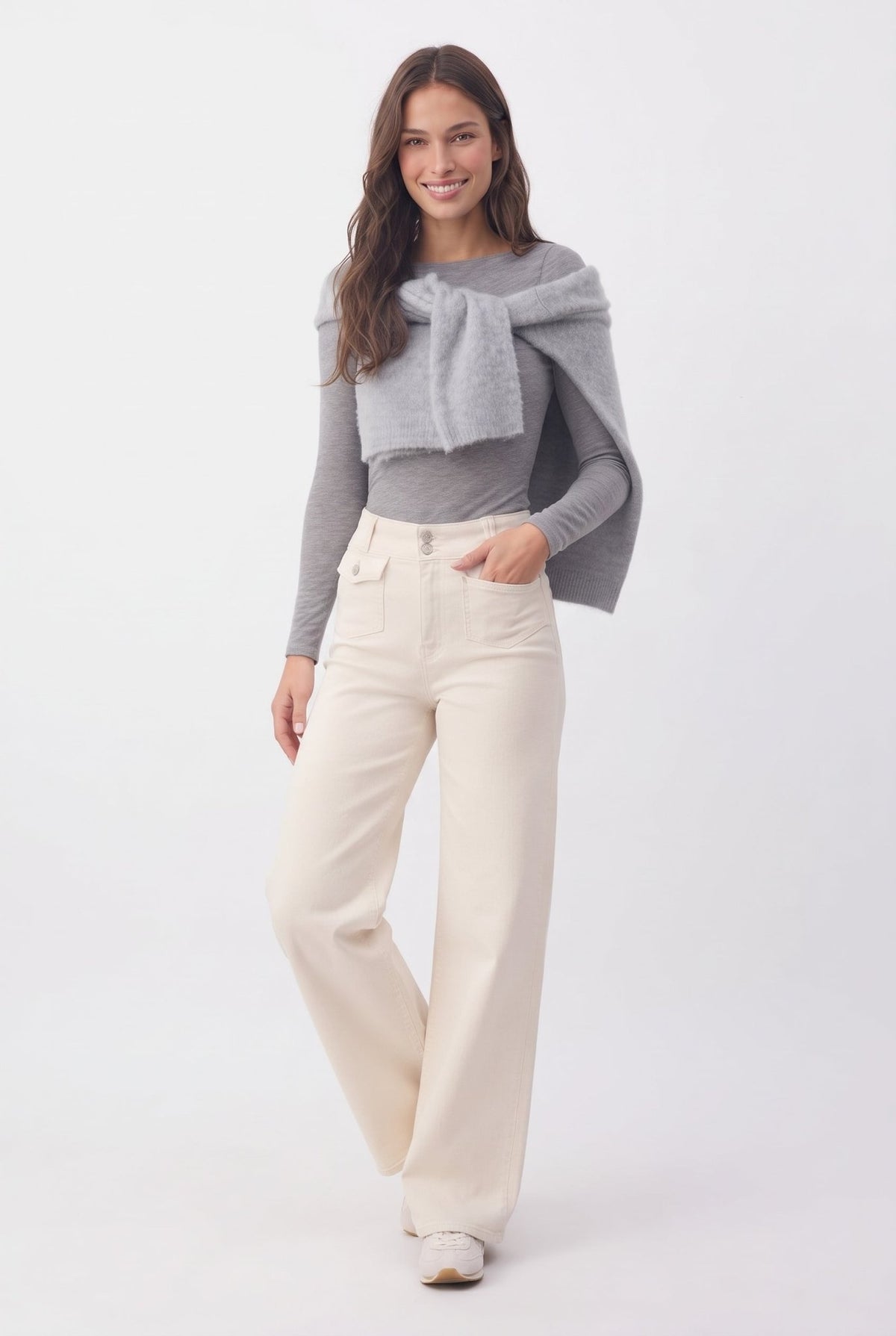 Ekru Yüksek Bel Cep Detaylı Comfort Esnek Wide Leg Palazzo Jeans - LUMINOIRE