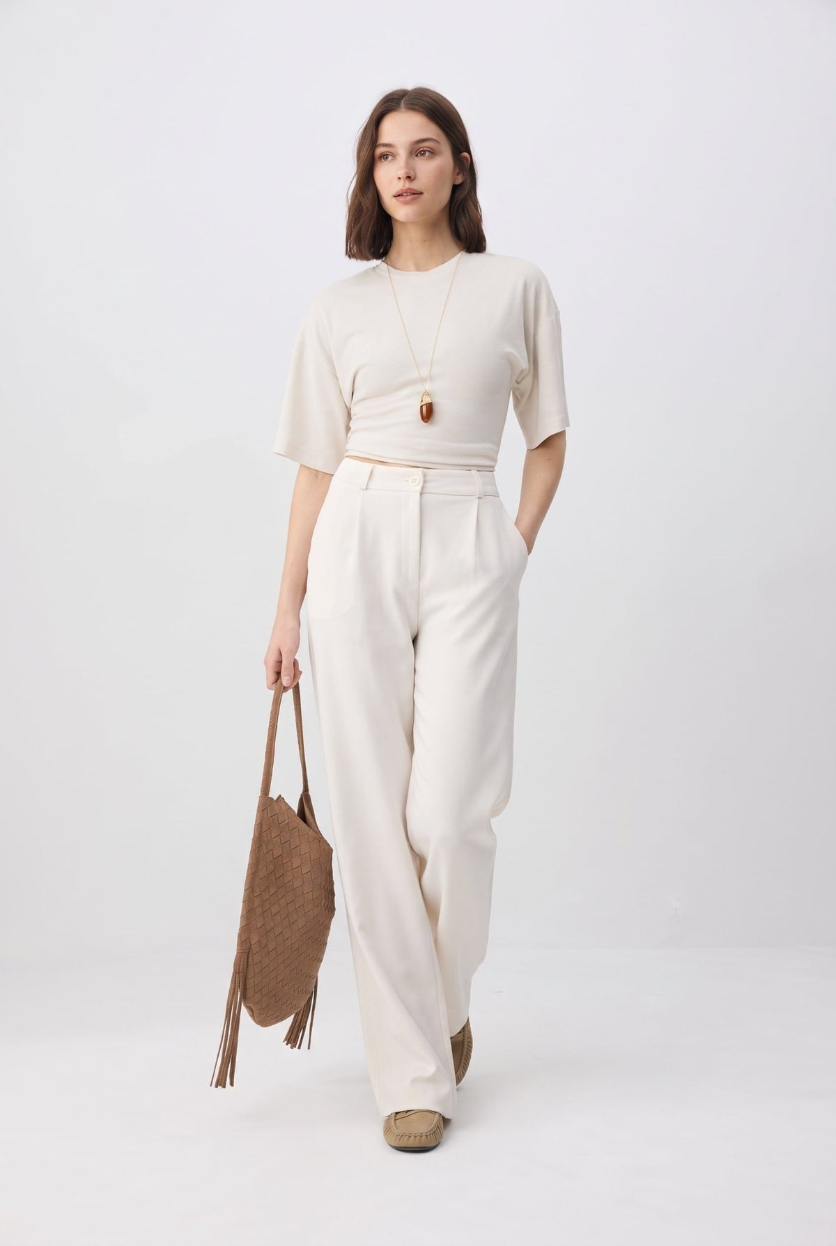 Ekru Yüksek Bel Wide Leg/Geniş Paça Pilili Dokuma Kumaş Pantolon - LUMINOIRE