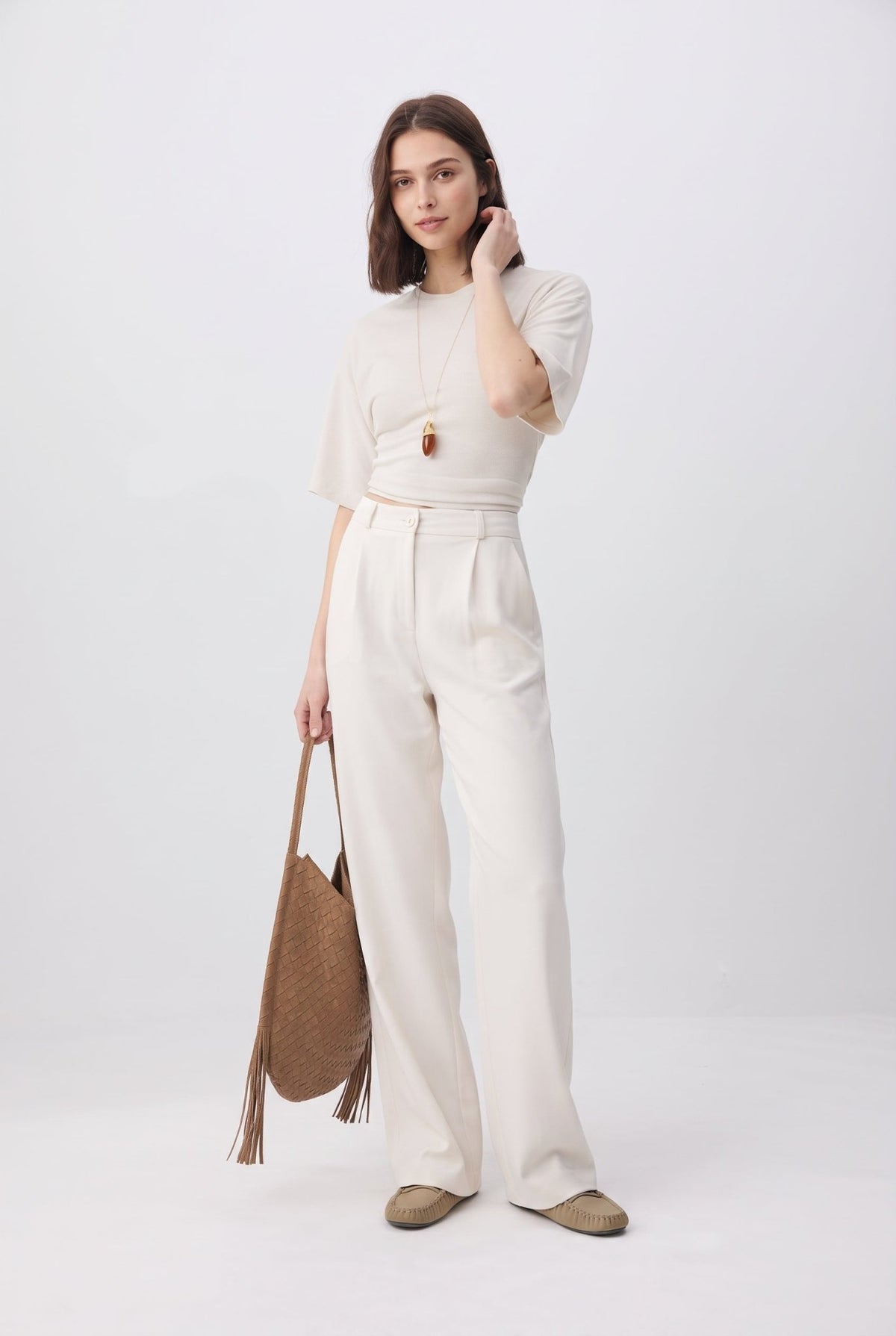 Ekru Yüksek Bel Wide Leg/Geniş Paça Pilili Dokuma Kumaş Pantolon - LUMINOIRE
