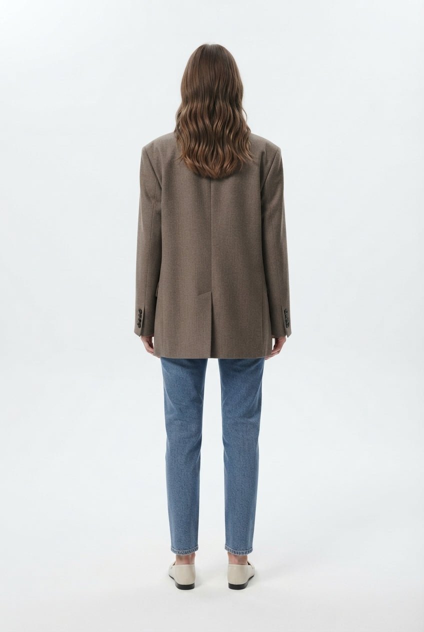 Gri Ekoseli/Kareli Uzun Oversize Dokuma Blazer Ceket - LUMINOIRE