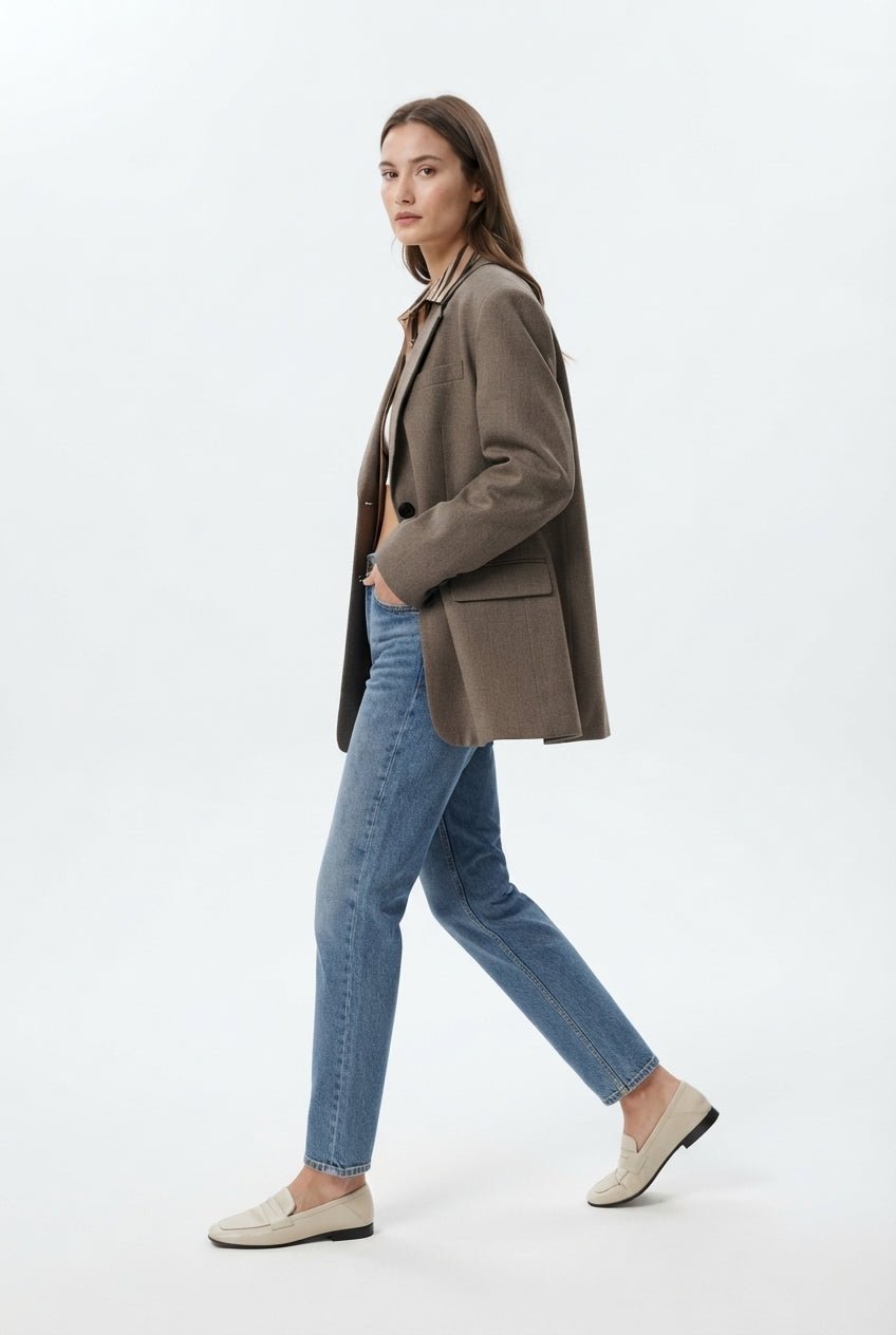 Gri Ekoseli/Kareli Uzun Oversize Dokuma Blazer Ceket - LUMINOIRE
