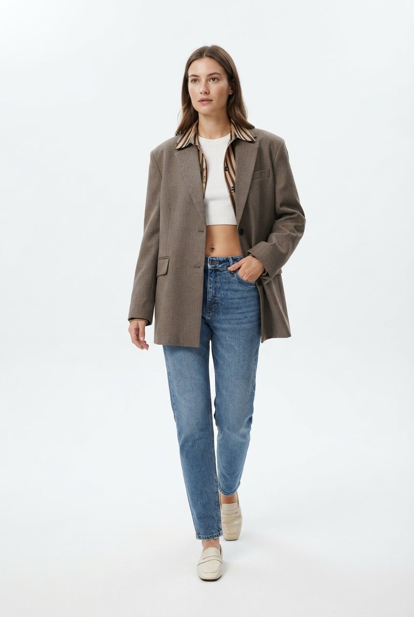 Gri Ekoseli/Kareli Uzun Oversize Dokuma Blazer Ceket - LUMINOIRE