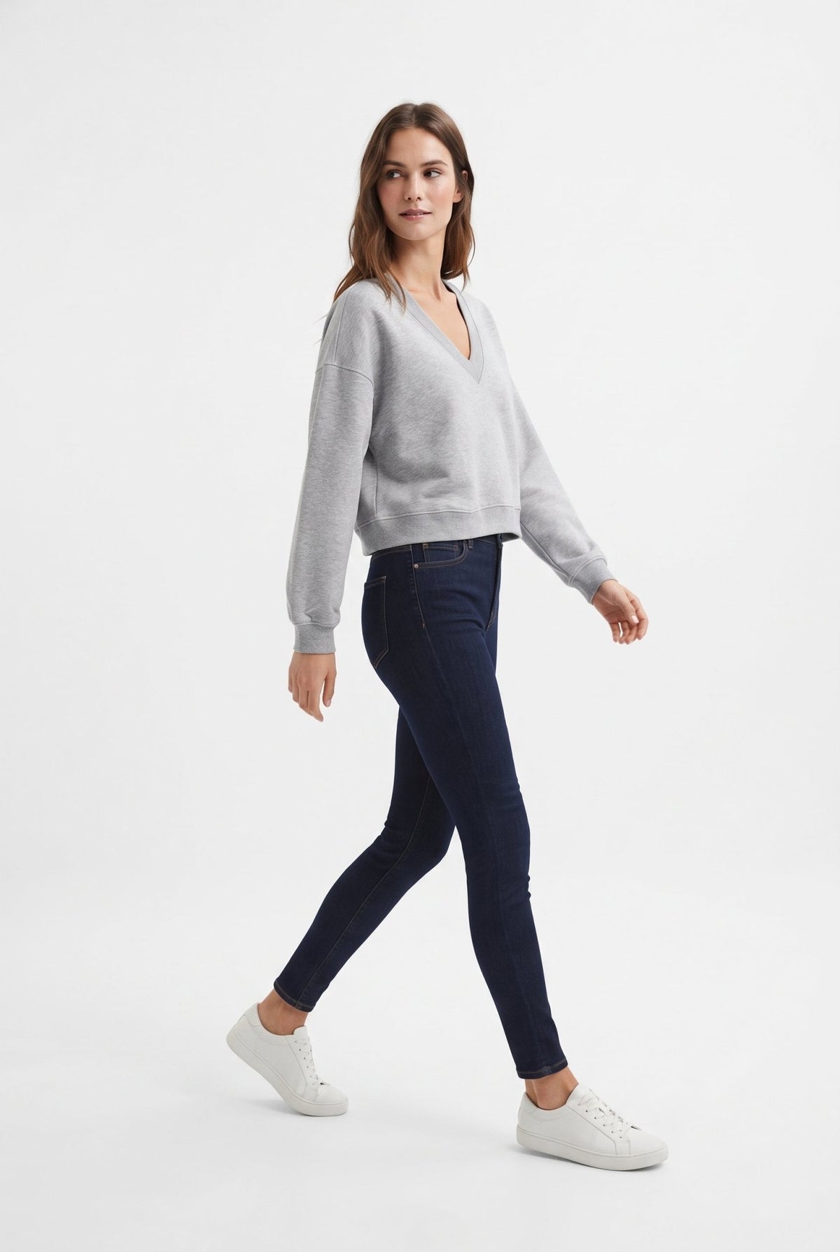 Gri Melanj V Yaka Ekstra Oversize/Geniş Kesim Düşük Kol Kalın Örme Sweatshirt - LUMINOIRE